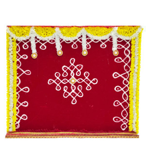 Red Velvet Pooja Backdrop with White Rangoli Design & Floral Garland Border